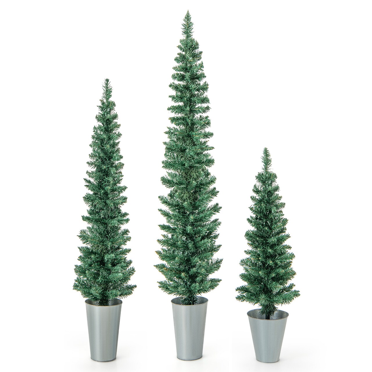 3-Pack Slim Pencil Artificial Christmas Trees with Lifelike Green PVC and Rustic Metal Buckets